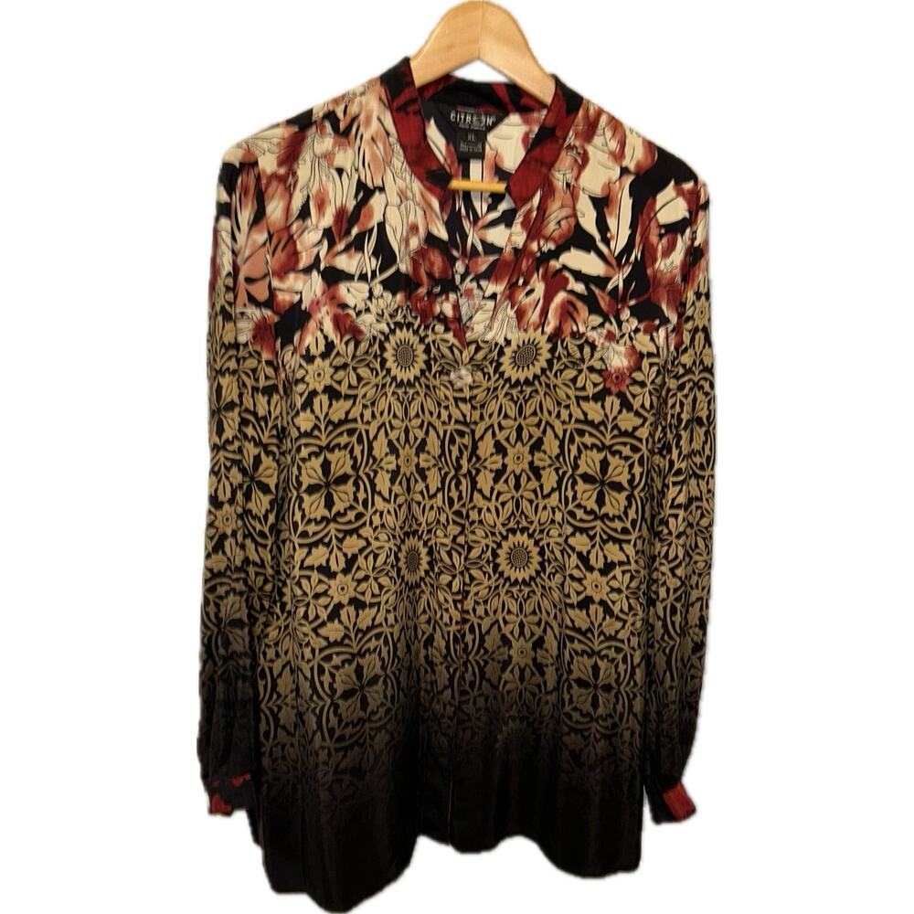 Citron Button XL Light Weight Silk Print Jacket or Blouse Top